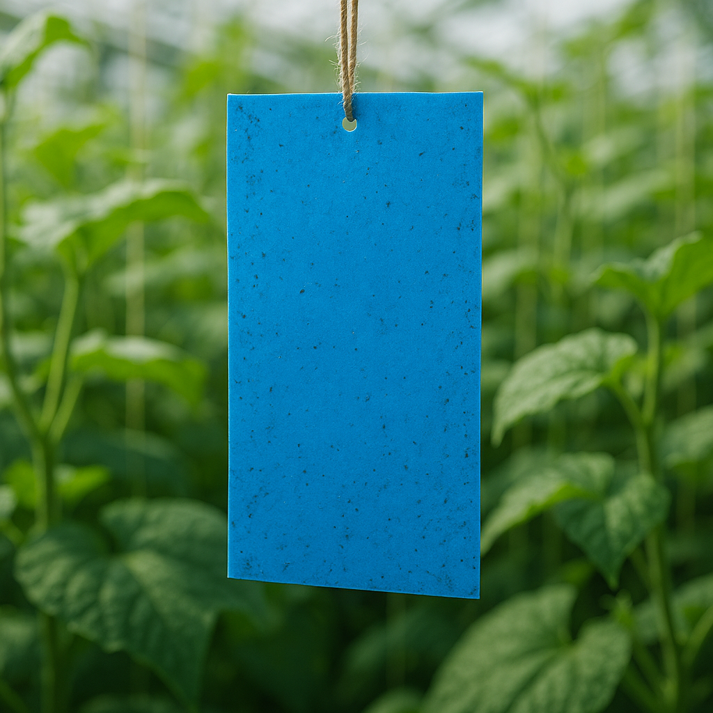 Blaue Leimtafel zur Thrips-Überwachung zwischen Gewächshauspflanzen