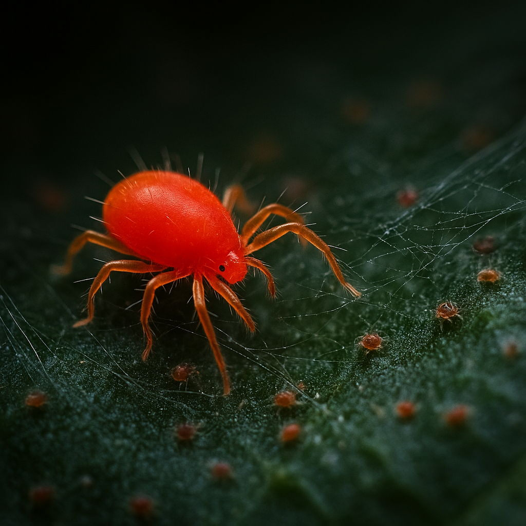 Orangerote Raubmilbe jagt Spinnmilben auf einem Blatt