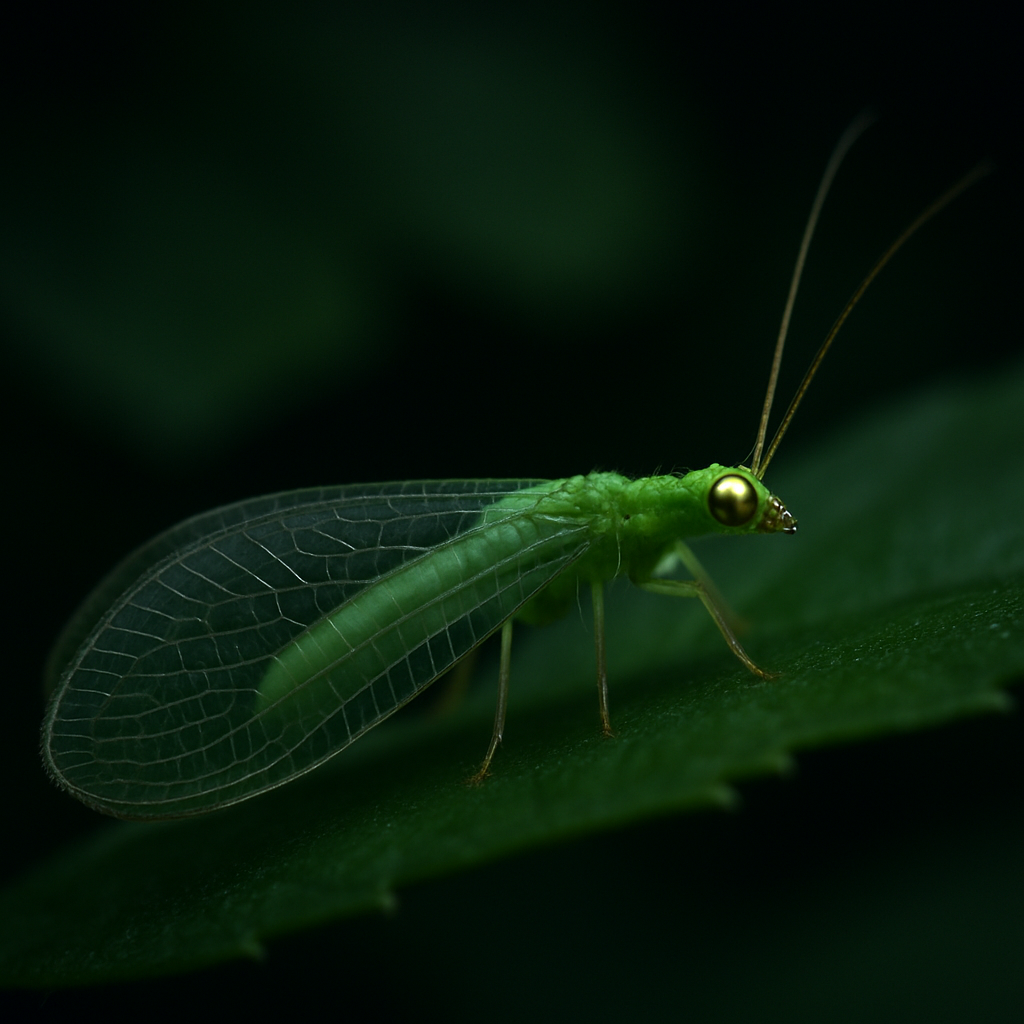 Zarte grüne Florfliege mit durchsichtigen Flügeln auf einem Blatt