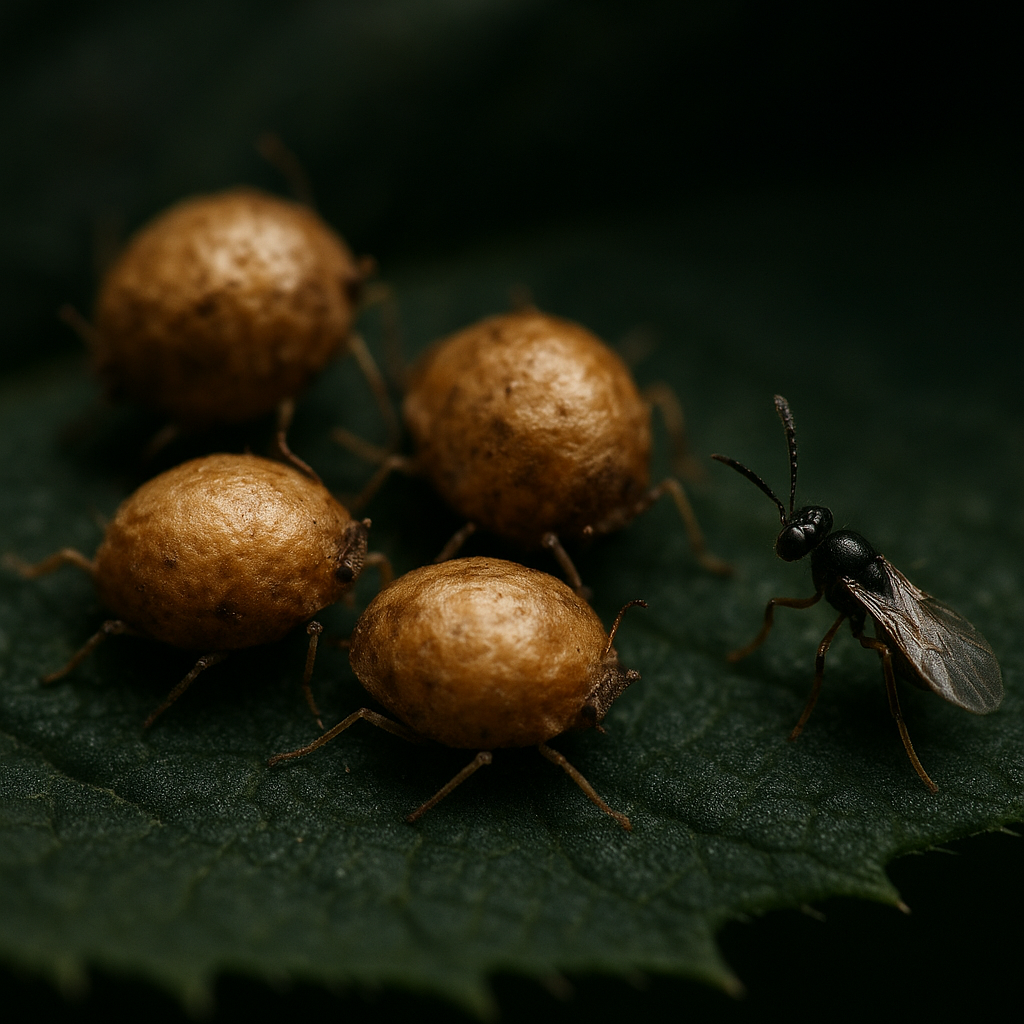 Goldbraune Blattlaus-Mumien und eine winzige Schlupfwespe auf einem Blatt